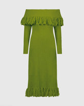 Green Off The Shoulder Fringe Long Sleeve Knit Dress